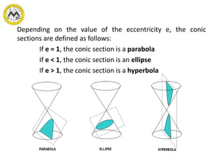 Depending on the value of the eccentricity e, the conic
sections are defined as follows:
If e = 1, the conic section is a parabola
If e < 1, the conic section is an ellipse
If e > 1, the conic section is a hyperbola
 