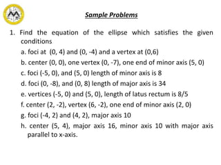 Sample Problems
1. Find the equation of the ellipse which satisfies the given
conditions
a. foci at (0, 4) and (0, -4) and a vertex at (0,6)
b. center (0, 0), one vertex (0, -7), one end of minor axis (5, 0)
c. foci (-5, 0), and (5, 0) length of minor axis is 8
d. foci (0, -8), and (0, 8) length of major axis is 34
e. vertices (-5, 0) and (5, 0), length of latus rectum is 8/5
f. center (2, -2), vertex (6, -2), one end of minor axis (2, 0)
g. foci (-4, 2) and (4, 2), major axis 10
h. center (5, 4), major axis 16, minor axis 10 with major axis
parallel to x-axis.
 