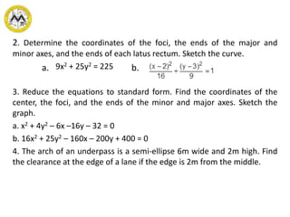 2. Determine the coordinates of the foci, the ends of the major and
minor axes, and the ends of each latus rectum. Sketch the curve.
9x2 + 25y2 = 225
3. Reduce the equations to standard form. Find the coordinates of the
center, the foci, and the ends of the minor and major axes. Sketch the
graph.
a. x2 + 4y2 – 6x –16y – 32 = 0
b. 16x2 + 25y2 – 160x – 200y + 400 = 0
4. The arch of an underpass is a semi-ellipse 6m wide and 2m high. Find
the clearance at the edge of a lane if the edge is 2m from the middle.
a. b.
 