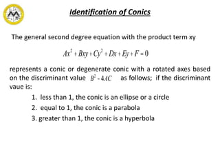 Identification of Conics
The general second degree equation with the product term xy
represents a conic or degenerate conic with a rotated axes based
on the discriminant value as follows; if the discriminant
vaue is:
1. less than 1, the conic is an ellipse or a circle
2. equal to 1, the conic is a parabola
3. greater than 1, the conic is a hyperbola
Ax2
+Bxy+Cy2
+Dx+Ey+F =0
B2
-4AC
 
