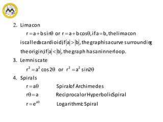 SpiralcLogarithmier
SpiralHyperbolicorReciprocalar
ArchimedesofSpiralar
Spirals4.
2sinaror2cosar
Lemniscate3.
loop.inneranhasgraphthe,baiforigin;the
gsurroundincurveaisgraphthe,baifcardioid;acalledis
limacontheb,aif,cosbarorsinbar
Limacon.
a
2222








2
 