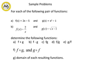 For each of the following pair of functions:
a) f(x) = 2x – 5 and g(x) = x2 – 1
b) and
determine the following functions:
a) f + g b) f - g c) fg d) f/g e) g/f
f)
g) domain of each resulting functions.
Sample Problems
f g, and g f
g(x)= x-1f (x) =
2
x
 