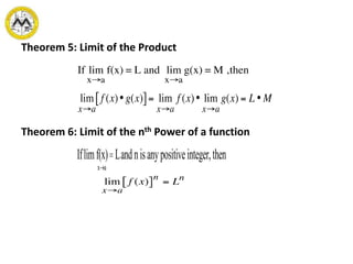 Theorem 5: Limit of the Product
Theorem 6: Limit of the nth Power of a function
Iflimf(x)=L
x®a
andnisanypositiveinteger,then
 