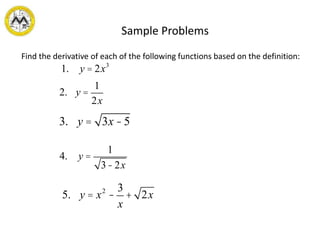 Sample Problems
Find the derivative of each of the following functions based on the definition:
1. y = 2x3
2. y =
1
2x
3. y = 3x -5
4. y =
1
3-2x
5. y = x2
-
3
x
+ 2x
 