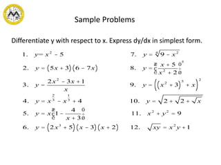 Sample Problems
Differentiate y with respect to x. Express dy/dx in simplest form.
1. y= x2
- 5 7. y = 9 - x24
2. y = 5x + 3( ) 6 - 7x( ) 8. y =
x + 5
x2
+ 2
æ
è
ç
ö
ø
÷
5
3. y =
2x2
- 3x +1
x
9. y = x2
+ 3( )
5
+ x( )
2
4. y = x
2
3
- x
1
3
+ 4 10. y = 2 + 2 + x
5. y = x 1-
4
x + 3
æ
è
ç
ö
ø
÷ 11. x2
+ y2
= 9
6. y = 2x3
+ 5( ) x - 3( ) x + 2( ) 12. xy = x2
y +1
 