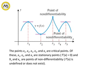 The points x1, x2, x3, x4, and x5 are critical points. Of
these, x1, x2, and x5 are stationary points ( f’(x) = 0) and
X3 and x4 are points of non-differentiability ( f’(x) is
undefined or does not exist).
 