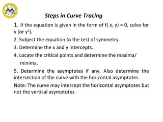 Steps in Curve Tracing
1. If the equation is given in the form of f( x, y) = 0, solve for
y (or y2
).
2. Subject the equation to the test of symmetry.
3. Determine the x and y intercepts.
4. Locate the critical points and determine the maxima/
minima.
5. Determine the asymptotes if any. Also determine the
intersection of the curve with the horizontal asymptotes.
Note: The curve may intercept the horizontal asymptotes but
not the vertical asymptotes.
 