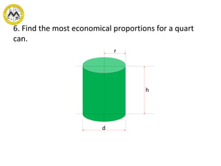 6. Find the most economical proportions for a quart
can.
h
r
d
 