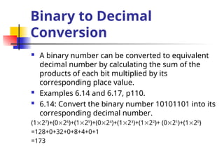 Binary to Decimal
Conversion
 A binary number can be converted to equivalent
decimal number by calculating the sum of the
products of each bit multiplied by its
corresponding place value.
 Examples 6.14 and 6.17, p110.
 6.14: Convert the binary number 10101101 into its
corresponding decimal number.
(127
)+(026
)+(125
)+(024
)+(123
)+(122
)+ (021
)+(120
)
=128+0+32+0+8+4+0+1
=173
 