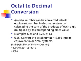 Octal to Decimal
Conversion
 An octal number can be converted into its
equivalent number in decimal system by
calculating the sum of the products of each digit
multiplied by its corresponding place value.
 Examples 6.25 and 6.28, p113.
 6.25: Convert the octal number 13256 into its
equivalent in decimal systems.
(184
)+(383
)+(282
)+(581
)+(680
)
=4096+1536+128+40+6
=5806
 