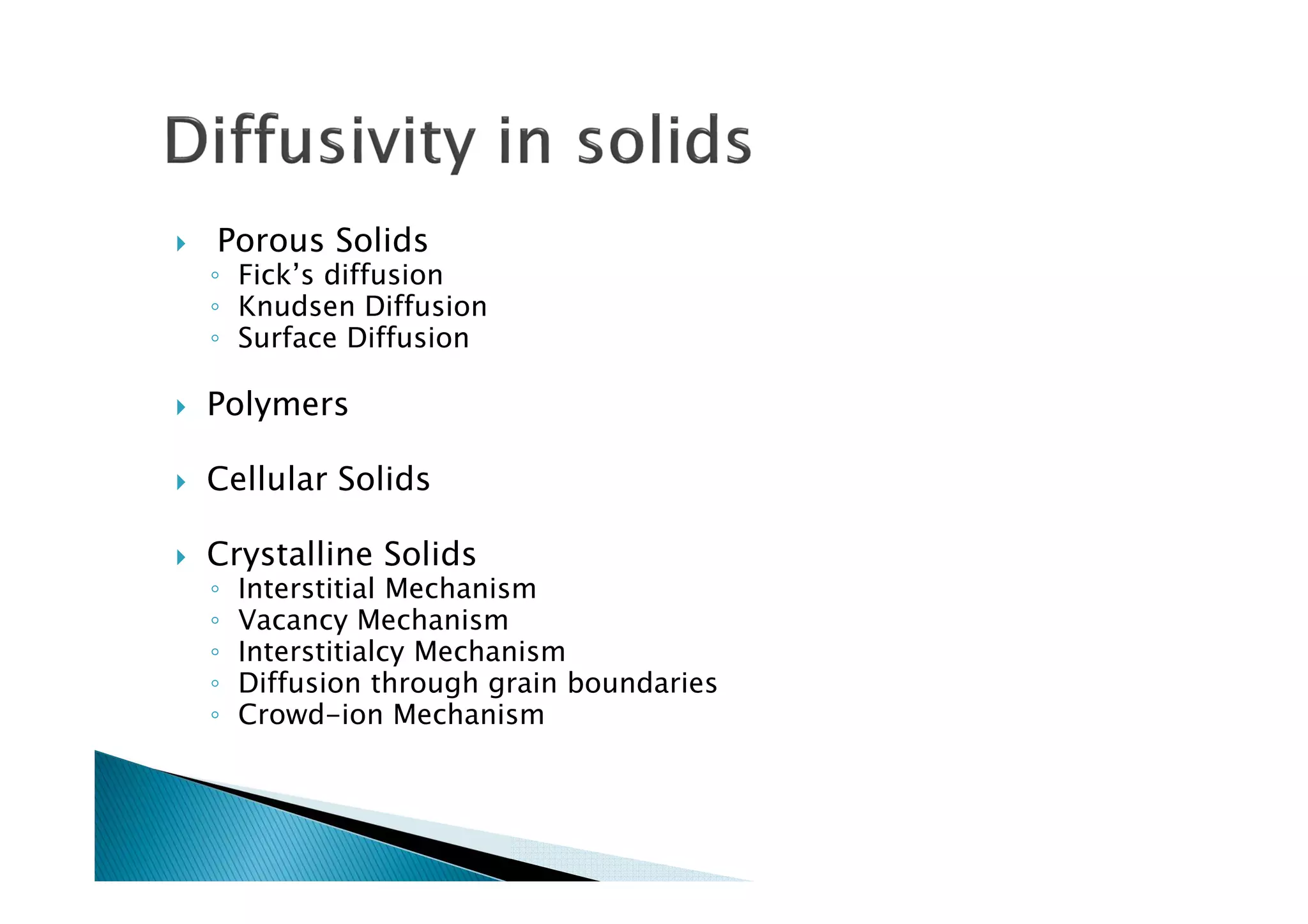 Porous Solids
◦ Fick’s diffusion
◦ Knudsen Diffusion
◦ Surface Diffusion
Polymers
Cellular Solids
Crystalline Solids
◦ Interstitial Mechanism
◦ Vacancy Mechanism
◦ Interstitialcy Mechanism
◦ Diffusion through grain boundaries
◦ Crowd-ion Mechanism
 