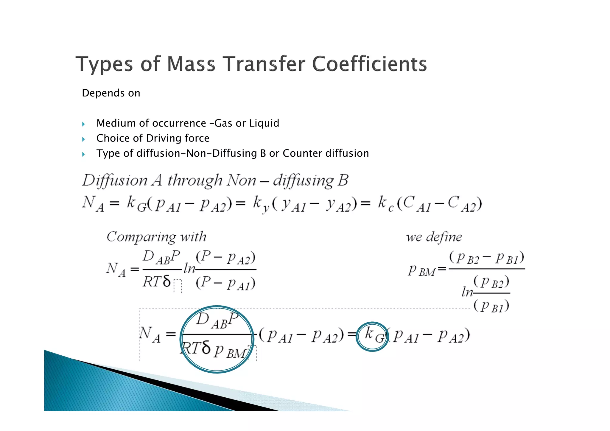 Depends on
Medium of occurrence –Gas or Liquid
Choice of Driving force
Type of diffusion-Non-Diffusing B or Counter diffusion
 