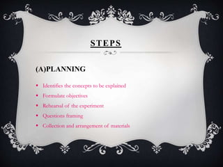 STEPS 
(A)PLANNING 
 Identifies the concepts to be explained 
 Formulate objectives 
 Rehearsal of the experiment 
 Questions framing 
 Collection and arrangement of materials 
 