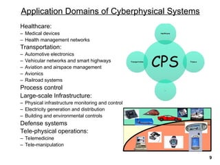 Healthcare:
– Medical devices
– Health management networks
Transportation:
– Automotive electronics
– Vehicular networks and smart highways
– Aviation and airspace management
– Avionics
– Railroad systems
Process control
Large-scale Infrastructure:
– Physical infrastructure monitoring and control
– Electricity generation and distribution
– Building and environmental controls
Defense systems
Tele-physical operations:
– Telemedicine
– Tele-manipulation
Application Domains of Cyberphysical Systems
9
 