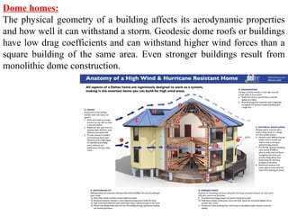 Dome homes:
The physical geometry of a building affects its aerodynamic properties
and how well it can withstand a storm. Geodesic dome roofs or buildings
have low drag coefficients and can withstand higher wind forces than a
square building of the same area. Even stronger buildings result from
monolithic dome construction.
 