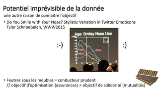 Potentiel imprévisible de la donnée
une autre raison de connaitre l’objectif
• Do You Smile with Your Nose? Stylistic Variation in Twitter Emoticons
Tyler Schnoebelen, WWW2015
• Feutres sous les meubles = conducteur prudent
// objectif d’optimisation (assurances)  objectif de solidarité (mutualités)
:-) :)
 