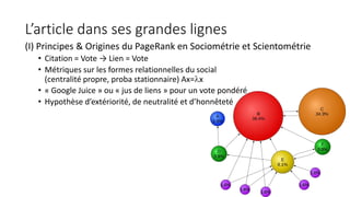 L’article dans ses grandes lignes
(I) Principes & Origines du PageRank en Sociométrie et Scientométrie
• Citation = Vote → Lien = Vote
• Métriques sur les formes relationnelles du social
(centralité propre, proba stationnaire) Ax=x
• « Google Juice » ou « jus de liens » pour un vote pondéré
• Hypothèse d’extériorité, de neutralité et d’honnêteté
 
