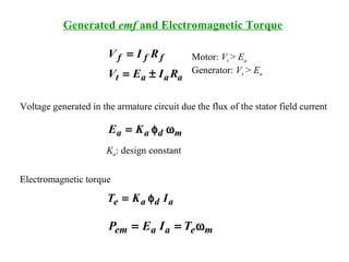 Generated emf and Electromagnetic Torque
aaat
fff
RIEV
RIV
±=
=
mdaa KE ωφ=
adae IKT φ=
meaaem TIEP ω==
Voltage generated in the armature circuit due the flux of the stator field current
Electromagnetic torque
Ka: design constant
Motor: Vt > Ea
Generator: Vt > Ea
 