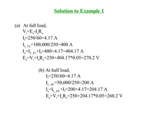 Solution to Example 1
(a) At full load,
Vt=Ea-IaRa
If=250/60=4.17 A
IL_FL=100,000/250=400 A
Ia=IL_FL+If=400+4.17=404.17 A
Ea=Vt+IaRa=250+404.17*0.05=270.2 V
(b) At half load,
If=250/60=4.17 A
IL_HL=50,000/250=200 A
Ia=IL_HL+If=200+4.17=204.17 A
Ea=Vt+IaRa=250+204.17*0.05=260.2 V
 