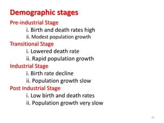 Demographic stages
Pre-industrial Stage
i. Birth and death rates high
ii. Modest population growth
Transitional Stage
i. Lowered death rate
ii. Rapid population growth
Industrial Stage
i. Birth rate decline
ii. Population growth slow
Post Industrial Stage
i. Low birth and death rates
ii. Population growth very slow
28
 