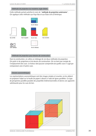 39MANUEL MODULAIRE PLAFONNAGE GENERALITES
Lecture de plans et métré 1. La lecture de plans
Méthode de projection du troisième angle dièdre
Cette méthode portait autrefois le nom de “méthode de projection américaine”.
On applique cette méthode aux Pays-Bas et aux États-Unis d’Amérique.
Méthode de projection pour dessins de construction
Dans la construction, on utilise un mélange de ces deux méthodes de projection.
On parle ici de projections et de dessins de construction. On ne tient pas compte de
l’emplacement des vues. Le lecteur doit pouvoir comprendre de quelles vues il s’agit par
comparaison avec d’autres vues.
Dessins axonométriques
Les représentations axonométriques sont des images simples et vivantes; on les obtient
en projetant l’objet sur la feuille de papier à dessin à l’aide de lignes parallèles. Ce type
de perspective parallèle possède des propriétés tridimensionnelles et donne une approche
satisfaisante pour les vues de loin.
 