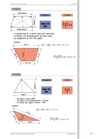57MANUEL MODULAIRE PLAFONNAGE GENERALITES
Lecture de plans et métré 2. Le métré
Le trapèze
Le triangle
 