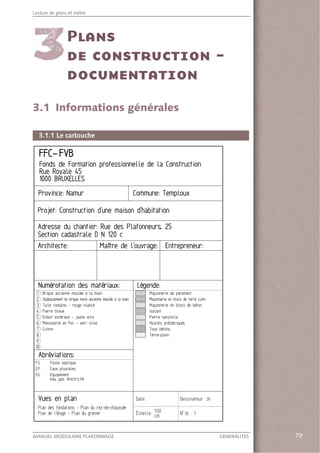 79MANUEL MODULAIRE PLAFONNAGE GENERALITES
Lecture de plans et métré
79
3.1 Informations générales
3.1.1 Le cartouche
 