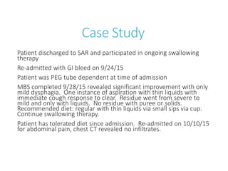 Case Study
Patient discharged to SAR and participated in ongoing swallowing
therapy
Re-admitted with GI bleed on 9/24/15
Patient was PEG tube dependent at time of admission
MBS completed 9/28/15 revealed significant improvement with only
mild dysphagia. One instance of aspiration with thin liquids with
immediate cough response to clear. Residue went from severe to
mild and only with liquids. No residue with puree or solids.
Recommended diet: regular with thin liquids via small sips via cup.
Continue swallowing therapy.
Patient has tolerated diet since admission. Re-admitted on 10/10/15
for abdominal pain, chest CT revealed no infiltrates.
 