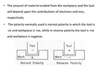• The amount of material eroded from the workpiece and the tool
will depend upon the contributions of electrons and ions,
respectively.
• The polarity normally used is normal polarity in which the tool is
-ve and workpiece is +ve, while in reverse polarity the tool is +ve
and workpiece is negative.
 