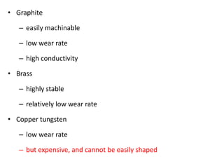 • Graphite
– easily machinable
– low wear rate
– high conductivity
• Brass
– highly stable
– relatively low wear rate
• Copper tungsten
– low wear rate
– but expensive, and cannot be easily shaped
 