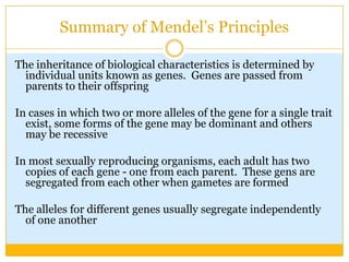 Summary of Mendel’s PrinciplesThe inheritance of biological characteristics is determined by individual units known as genes.  Genes are passed from parents to their offspringIn cases in which two or more alleles of the gene for a single trait exist, some forms of the gene may be dominant and others may be recessiveIn most sexually reproducing organisms, each adult has two copies of each gene - one from each parent.  These gens are segregated from each other when gametes are formedThe alleles for different genes usually segregate independently of one another