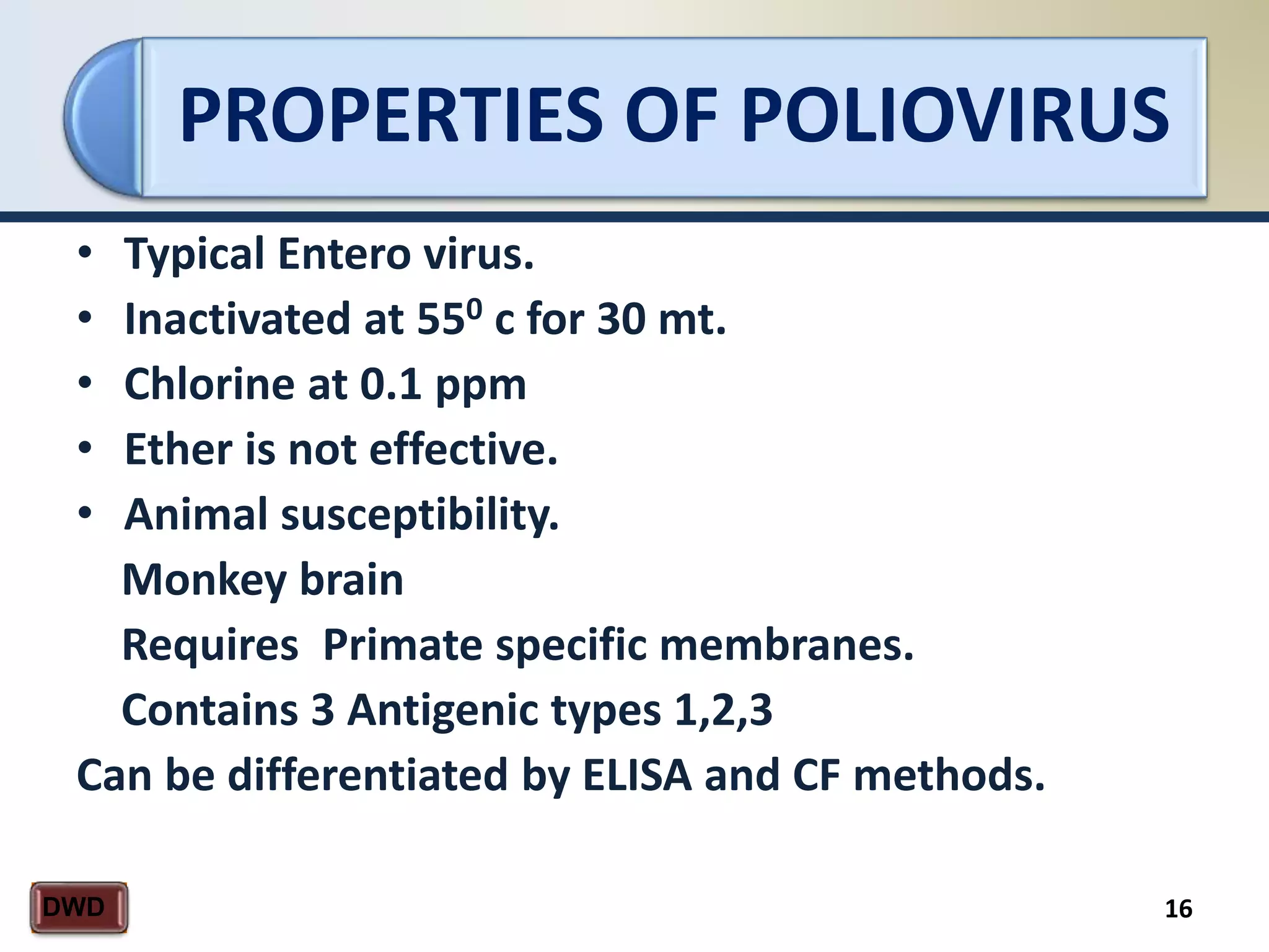 PROPERTIES OF POLIOVIRUS
16DWD
• Typical Entero virus.
• Inactivated at 550 c for 30 mt.
• Chlorine at 0.1 ppm
• Ether is not effective.
• Animal susceptibility.
Monkey brain
Requires Primate specific membranes.
Contains 3 Antigenic types 1,2,3
Can be differentiated by ELISA and CF methods.