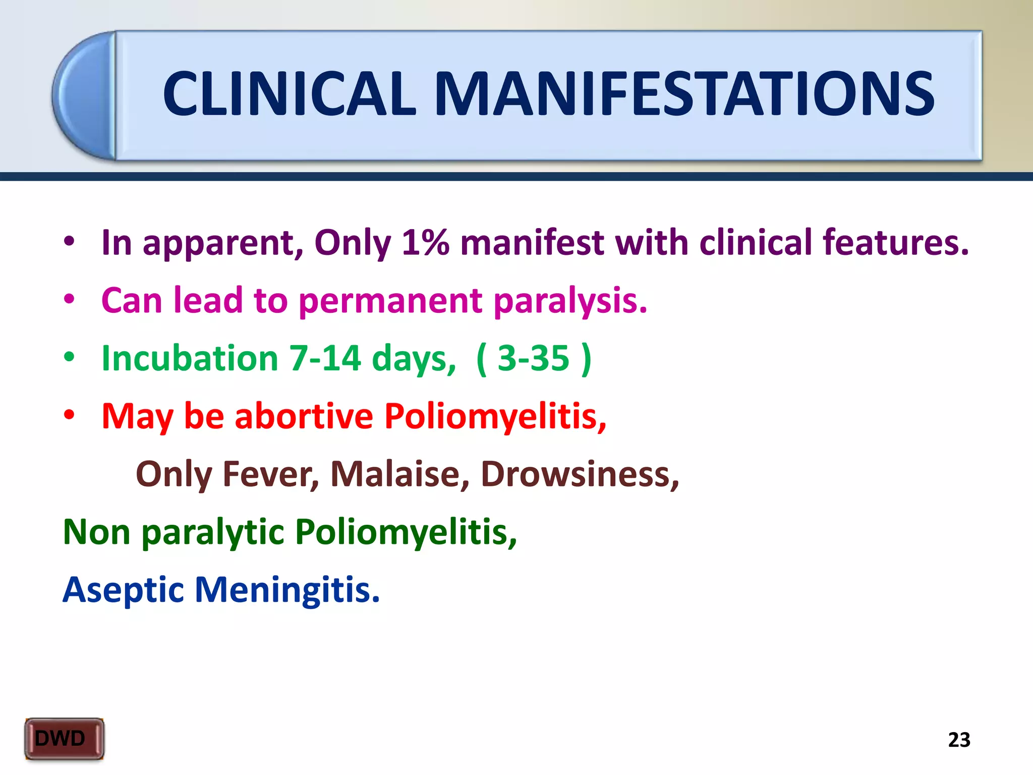 CLINICAL MANIFESTATIONS
23DWD
• In apparent, Only 1% manifest with clinical features.
• Can lead to permanent paralysis.
• Incubation 7-14 days, ( 3-35 )
• May be abortive Poliomyelitis,
Only Fever, Malaise, Drowsiness,
Non paralytic Poliomyelitis,
Aseptic Meningitis.