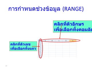 การกำหนดช่วงข้อมูล  (RANGE) คลิกที่ตัวอักษร เพื่อเลือกทั้งคอมลัมน์ คลิกที่ตัวเลข เพื่อเลือกทั้งแถว 
