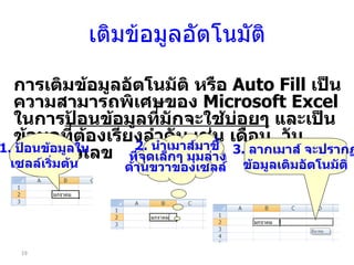 เติมข้อมูลอัตโนมัติ การเติมข้อมูลอัตโนมัติ หรือ  Auto Fill  เป็นความสามารถพิเศษของ  Microsoft Excel  ในการ ป้อนข้อมูลที่มักจะใช้บ่อยๆ  และเป็นข้อมูลที่ต้องเรียงลำดับ เช่น เดือน ,  วัน ,  พ . ศ .,  ตัวเลข  1.  ป้อนข้อมูลใน เซลล์เริ่มต้น 3.  ลากเมาส์ จะปรากฏ ข้อมูลเติมอัตโนมัติ 2.  นำเมาส์มาชี้ ที่จุดเล็กๆ มุมล่าง ด้านขวาของเซลล์  
