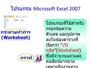 โปรแกรม   Microsoft Excel  2007 โปรแกรมที่ใช้สำหรับกรอกข้อความ ตัวเลข และรูปภาพ ลงในช่องตารางที่ เรียกว่า  “ เวิร์กชีส ” ( Worksheet )  ซึ่งมีจำนวนแถวและคอลัมน์มากมาย   เหมาะกับงานทางด้านการคำนวณต่างๆ หรือสร้างกราฟแสดงผล กราฟ กระดาษทำการ (Worksheet) 