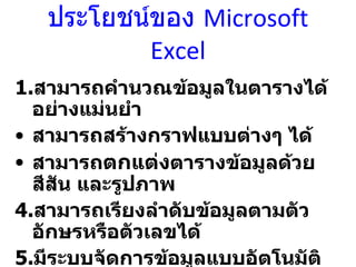 ประโยชน์ของ   Microsoft Excel สามารถคำนวณข้อมูลในตารางได้อย่างแม่นยำ  สามารถสร้างกราฟแบบต่างๆ ได้ สามารถ ตกแต่ง ตารางข้อมูลด้วยสีสัน และรูปภาพ  สามารถเรียงลำดับข้อมูลตามตัวอักษรหรือตัวเลขได้ มีระบบจัดการข้อมูลแบบอัตโนมัติหลายอย่าง สามารถแปลงข้อมูลเป็นเว็บเพจ 