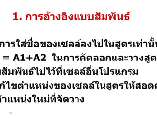เป็นการใส่ชื่อของเซลล์ลงไปในสูตรเท่านั้น  เช่น  = A1+A2  ในการคัดลอกและวางสูตร แบบสัมพันธ์ไปไว้ที่เซลล์อื่นโปรแกรม จะแก้ไขตำแหน่งของเซลล์ในสูตรให้สอดคล้อง กับตำแหน่งใหม่ที่จัดวาง 1.  การอ้างอิงแบบสัมพันธ์ 