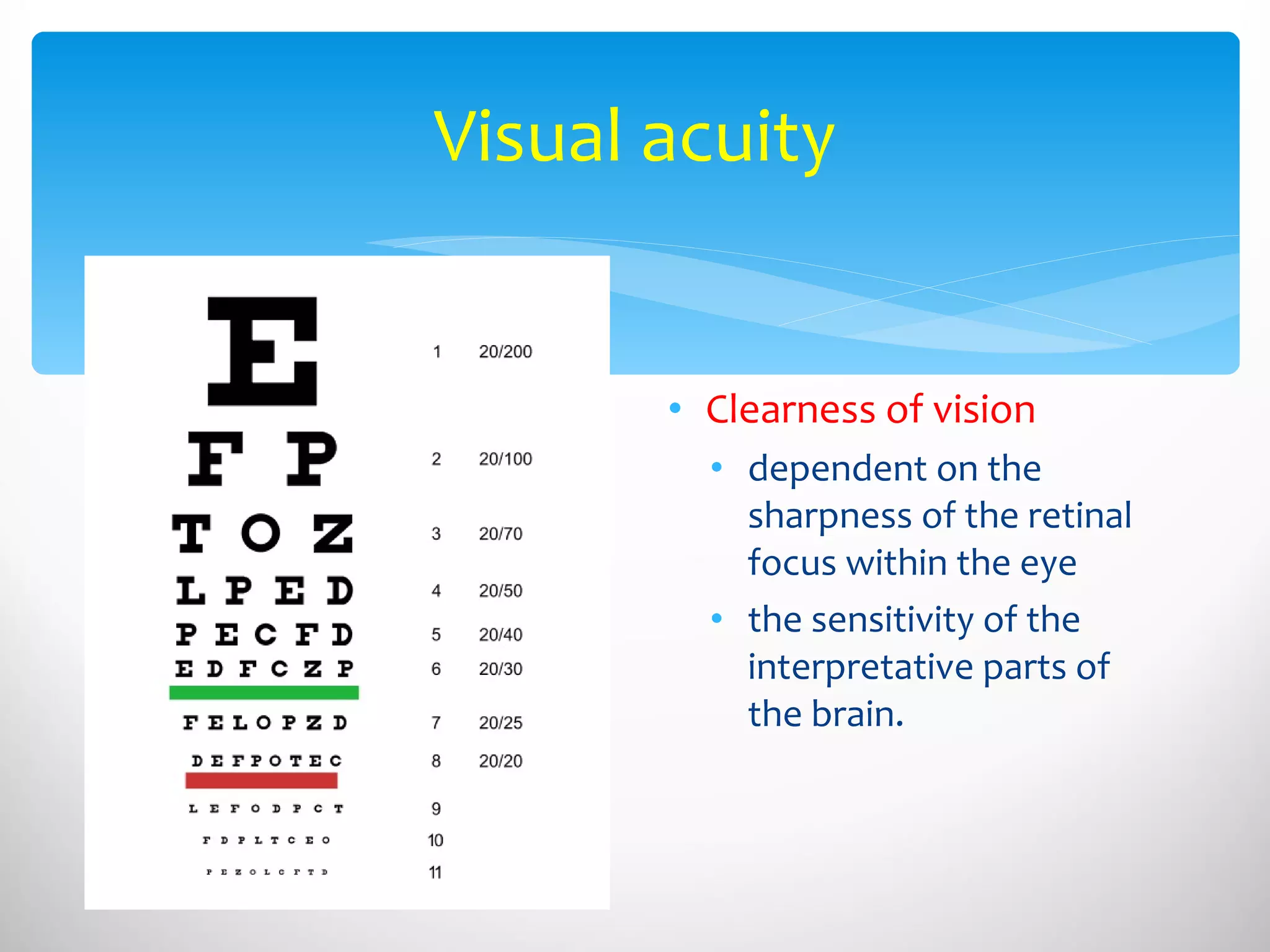 Clearness of vision dependent on the sharpness of the retinal focus within the eye  the sensitivity of the interpretative parts of the brain. Visual acuity 