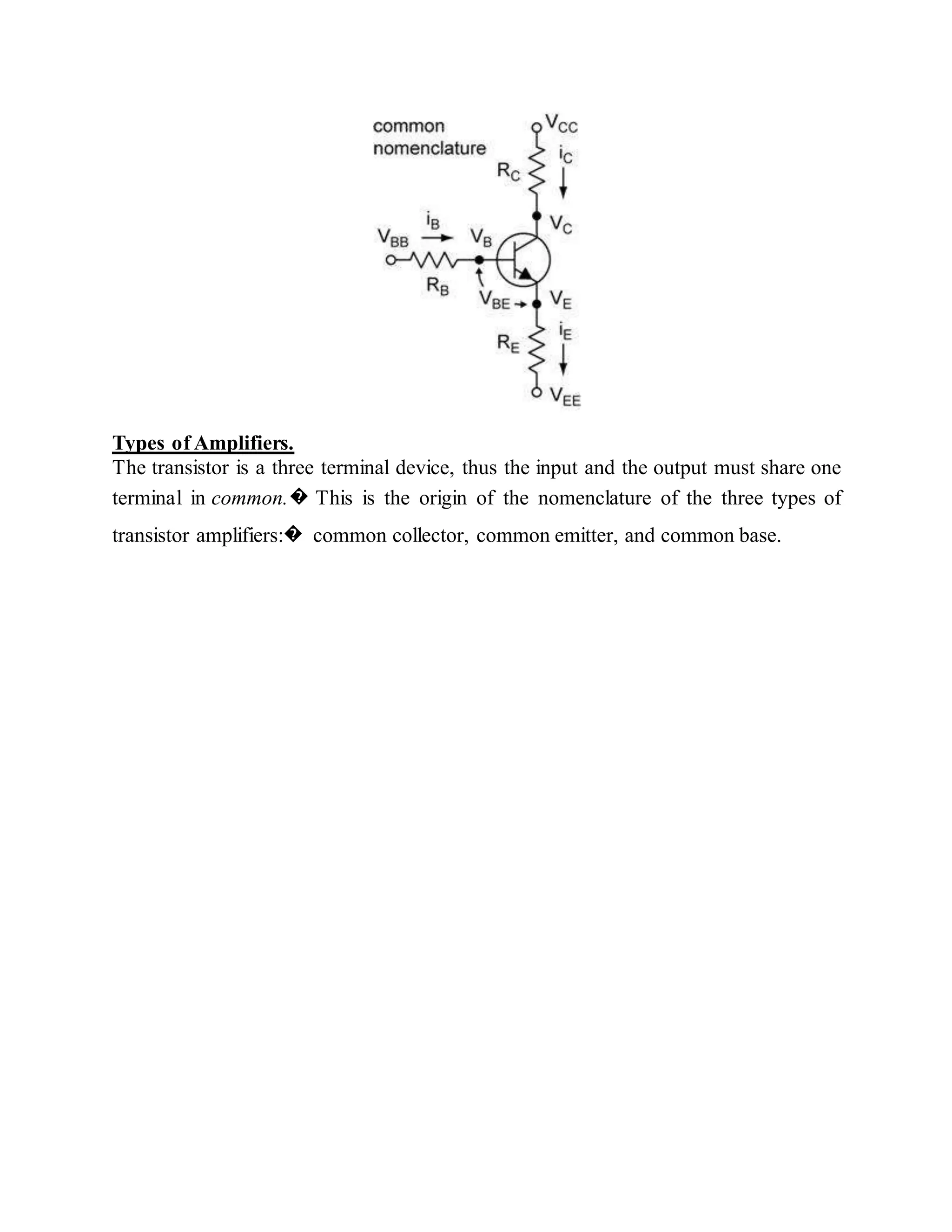 Types of Amplifiers.
The transistor is a three terminal device, thus the input and the output must share one
terminal in common.� This is the origin of the nomenclature of the three types of
transistor amplifiers:� common collector, common emitter, and common base.
 