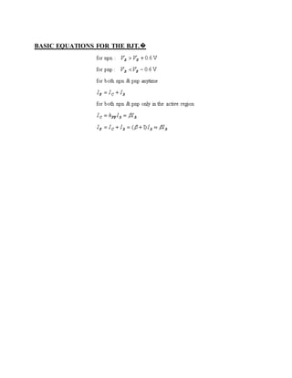 BASIC EQUATIONS FOR THE BJT.�
 