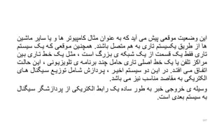 ‫سا‬ ‫یا‬ ‫و‬ ‫ها‬ ‫کامپیوتر‬ ‫متال‬ ‫عنوان‬ ‫به‬ ‫که‬ ‫آید‬ ‫می‬ ‫پیش‬ ‫موقعی‬ ‫وضعیت‬ ‫این‬‫ماشرین‬ ‫یر‬
‫باشند‬ ‫متصل‬ ‫هم‬ ‫به‬ ‫تاری‬ ‫یکسیستم‬ ‫طریق‬ ‫از‬ ‫ها‬.‫یرو‬ ‫کره‬ ‫مروقعی‬ ‫همچنرین‬‫سیسرتم‬
‫بر‬ ‫تراری‬ ‫خرط‬ ‫یرو‬ ‫مترل‬ ، ‫اسرت‬ ‫برزر‬ ‫ی‬ ‫شربکه‬ ‫یرو‬ ‫از‬ ‫قسرمت‬ ‫یرو‬ ‫فقط‬ ‫تاری‬‫ین‬
‫ایر‬ ، ‫تلویزیرونی‬ ‫ی‬ ‫برنامره‬ ‫چنرد‬ ‫حامل‬ ‫تاری‬ ‫اصلی‬ ‫خط‬ ‫یو‬ ‫یا‬ ‫تلفن‬ ‫مراکز‬‫حالرت‬ ‫ن‬
‫رد‬‫ر‬‫افت‬ ‫ری‬‫ر‬‫م‬ ‫راق‬‫ر‬‫اتف‬.‫ریگنال‬‫ر‬‫س‬ ‫رع‬‫ر‬‫توزی‬ ‫رامل‬‫ر‬‫ش‬ ‫رردازش‬‫ر‬‫پ‬ ، ‫رر‬‫ر‬‫اخی‬ ‫رتم‬‫ر‬‫سیس‬ ‫دو‬ ‫رن‬‫ر‬‫ای‬ ‫در‬‫رای‬‫ر‬‫ه‬
‫باشد‬ ‫می‬ ‫نیز‬ ‫مناسب‬ ‫مقاصد‬ ‫به‬ ‫الکتریکی‬.
‫سر‬ ‫پردازشرگر‬ ‫از‬ ‫الکتریکی‬ ‫رابط‬ ‫یو‬ ‫ساده‬ ‫طور‬ ‫به‬ ‫خبر‬ ‫خروجی‬ ‫ی‬ ‫وسیله‬‫یگنال‬
‫است‬ ‫بعدی‬ ‫سیستم‬ ‫به‬.
107
 