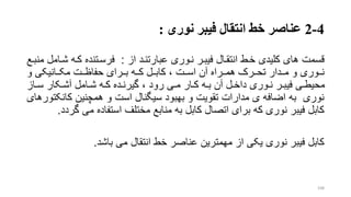 4-2‫عناصر‬‫نوری‬ ‫فیبر‬ ‫انتقال‬ ‫خط‬:
‫قسمت‬‫از‬ ‫عبارتنرد‬ ‫نروری‬ ‫فیبرر‬ ‫انتقرال‬ ‫خرط‬ ‫کلیدی‬ ‫های‬:‫شر‬ ‫کره‬ ‫فرسرتنده‬‫منبرع‬ ‫امل‬
، ‫ررت‬‫ر‬‫اس‬ ‫آن‬ ‫ررراه‬‫ر‬‫هم‬ ‫رررک‬‫ر‬‫تح‬ ‫رردار‬‫ر‬‫م‬ ‫و‬ ‫رروری‬‫ر‬‫ن‬‫ررل‬‫ر‬‫کاب‬‫و‬ ‫ررانیکی‬‫ر‬‫مک‬ ‫ررت‬‫ر‬‫حفاظ‬ ‫رررای‬‫ر‬‫ب‬ ‫رره‬‫ر‬‫ک‬
‫راز‬‫ر‬‫س‬ ‫رکار‬‫ر‬‫آش‬ ‫رامل‬‫ر‬‫ش‬ ‫ره‬‫ر‬‫ک‬ ‫رده‬‫ر‬‫گیرن‬ ، ‫رود‬ ‫ری‬‫ر‬‫م‬ ‫رار‬‫ر‬‫ک‬ ‫ره‬‫ر‬‫ب‬ ‫آن‬ ‫رل‬‫ر‬‫داخ‬ ‫روری‬‫ر‬‫ن‬ ‫رر‬‫ر‬‫فیب‬ ‫ری‬‫ر‬‫محیط‬
‫کانک‬ ‫همچنین‬ ‫و‬ ‫است‬ ‫سیگنال‬ ‫بهبود‬ ‫و‬ ‫تقویت‬ ‫مدارات‬ ‫ی‬ ‫اضافه‬ ‫به‬ ‫نوری‬‫تورهای‬
‫می‬ ‫استفاده‬ ‫مختلف‬ ‫منابع‬ ‫به‬ ‫کابل‬ ‫اتصال‬ ‫برای‬ ‫که‬ ‫نوری‬ ‫فیبر‬ ‫کابل‬‫گردد‬.
‫می‬ ‫انتقال‬ ‫خط‬ ‫عناصر‬ ‫مهمترین‬ ‫از‬ ‫یکی‬ ‫نوری‬ ‫فیبر‬ ‫کابل‬‫باشد‬.
108
 