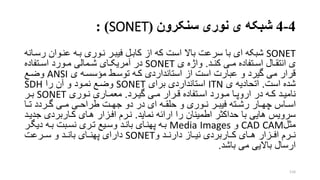 4-4‫شبکه‬‫سنکرون‬ ‫نوری‬ ‫ی‬(SONET):
SONET‫عنروان‬ ‫بره‬ ‫نروری‬ ‫فیبرر‬ ‫کابرل‬ ‫از‬ ‫که‬ ‫است‬ ‫باال‬ ‫سرعت‬ ‫با‬ ‫ای‬ ‫شبکه‬‫رسرانه‬
‫رد‬‫ر‬‫کن‬ ‫ری‬‫ر‬‫م‬ ‫رتفاده‬‫ر‬‫اس‬ ‫رال‬‫ر‬‫انتق‬ ‫ی‬.‫ی‬ ‫واژه‬SONET‫رتفاده‬‫ر‬‫اس‬ ‫رورد‬‫ر‬‫م‬ ‫رمالی‬‫ر‬‫ش‬ ‫رای‬‫ر‬‫آمریک‬ ‫در‬
‫ی‬ ‫سسره‬ ‫م‬ ‫توسرط‬ ‫کره‬ ‫استانداردی‬ ‫از‬ ‫است‬ ‫عبارت‬ ‫و‬ ‫گیرد‬ ‫می‬ ‫قرار‬ANSI‫وضرع‬
‫است‬ ‫شده‬.‫ی‬ ‫اتحادیه‬ITN‫برای‬ ‫استانداردی‬SONET‫را‬ ‫آن‬ ‫و‬ ‫نمرود‬ ‫وضرع‬SDH
‫ررد‬‫ر‬‫گی‬ ‫ری‬‫ر‬‫م‬ ‫ررار‬‫ر‬‫ق‬ ‫رتفاده‬‫ر‬‫اس‬ ‫رورد‬‫ر‬‫م‬ ‫را‬‫ر‬‫اروپ‬ ‫در‬ ‫ره‬‫ر‬‫ک‬ ‫رد‬‫ر‬‫نامی‬.‫روری‬‫ر‬‫ن‬ ‫راری‬‫ر‬‫معم‬SONET‫رر‬‫ر‬‫ب‬
‫را‬‫ر‬‫ت‬ ‫رردد‬‫ر‬‫گ‬ ‫ری‬‫ر‬‫م‬ ‫ری‬‫ر‬‫طراح‬ ‫رت‬‫ر‬‫جه‬ ‫دو‬ ‫در‬ ‫ای‬ ‫ره‬‫ر‬‫حلق‬ ‫و‬ ‫روری‬‫ر‬‫ن‬ ‫رر‬‫ر‬‫فیب‬ ‫رته‬‫ر‬‫رش‬ ‫رار‬‫ر‬‫چه‬ ‫راس‬‫ر‬‫اس‬
‫نماید‬ ‫ارائه‬ ‫را‬ ‫اطمینان‬ ‫حداکتر‬ ‫با‬ ‫هایی‬ ‫سرویس‬.‫ج‬ ‫کراربردی‬ ‫هرای‬ ‫افرزار‬ ‫نررم‬‫دیرد‬
‫متل‬CAD CAM‫و‬Media Images‫دیگر‬ ‫بره‬ ‫نسربت‬ ‫ترری‬ ‫وسریع‬ ‫بانرد‬ ‫پهنرای‬ ‫بره‬‫ر‬
‫و‬ ‫دارنررد‬ ‫نیرراز‬ ‫کرراربردی‬ ‫هررای‬ ‫افررزار‬ ‫نرررم‬SONET‫سرررعت‬ ‫و‬ ‫بانررد‬ ‫پهنررای‬ ‫دارای‬
‫باشد‬ ‫می‬ ‫باالیی‬ ‫ارسال‬.
116
 