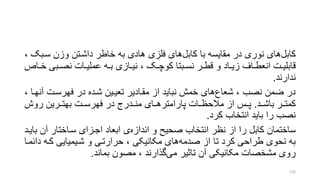 ‫کابل‬‫کابل‬ ‫با‬ ‫مقایسه‬ ‫در‬ ‫نوری‬ ‫های‬‫سرب‬ ‫وزن‬ ‫داشرتن‬ ‫خاطر‬ ‫به‬ ‫هادی‬ ‫فلزی‬ ‫های‬، ‫و‬
‫ر‬‫ر‬‫خ‬ ‫ربی‬‫ر‬‫نص‬ ‫رات‬‫ر‬‫عملی‬ ‫ره‬‫ر‬‫ب‬ ‫رازی‬‫ر‬‫نی‬ ، ‫رو‬‫ر‬‫کوچ‬ ‫ربتا‬‫ر‬‫نس‬ ‫رر‬‫ر‬‫قط‬ ‫و‬ ‫راد‬‫ر‬‫زی‬ ‫راف‬‫ر‬‫انعط‬ ‫رت‬‫ر‬‫قابلی‬‫ار‬
‫ندارند‬.
‫شعاع‬ ، ‫نصب‬ ‫ضمن‬ ‫در‬‫آن‬ ‫فهرسرت‬ ‫در‬ ‫شرده‬ ‫تعیرین‬ ‫مقرادیر‬ ‫از‬ ‫نباید‬ ‫خمش‬ ‫های‬، ‫هرا‬
‫باشررد‬ ‫کمتررر‬.‫روش‬ ‫بهترررین‬ ‫فهرسررت‬ ‫در‬ ‫منرردرج‬ ‫پارامترهررای‬ ‫مالحظررات‬ ‫از‬ ‫پررس‬
‫کرد‬ ‫انتخاب‬ ‫باید‬ ‫را‬ ‫نصب‬.
‫اندازه‬ ‫و‬ ‫صحیت‬ ‫انتخاب‬ ‫نظر‬ ‫از‬ ‫را‬ ‫کابل‬ ‫ساختمان‬‫آن‬ ‫سراختار‬ ‫اجرزای‬ ‫ابعاد‬ ‫ی‬‫بایرد‬
‫صدمه‬ ‫از‬ ‫تا‬ ‫کرد‬ ‫طراحی‬ ‫نحوی‬ ‫به‬‫د‬ ‫کره‬ ‫شریمیایی‬ ‫و‬ ‫حرارتری‬ ، ‫مکانیکی‬ ‫های‬‫ائمرا‬
‫می‬ ‫تاتیر‬ ‫آن‬ ‫مکانیکی‬ ‫مشخصات‬ ‫روی‬‫بماند‬ ‫مصون‬ ، ‫گذارند‬.
135
 