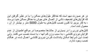 ‫طول‬ ‫حداکتر‬ ‫که‬ ‫است‬ ‫مهم‬ ‫صورت‬ ‫هر‬ ‫در‬‫ایرن‬ ‫گررفتن‬ ‫نظرر‬ ‫در‬ ‫برا‬ ‫را‬ ‫ممکرن‬ ‫هرای‬
‫افزایش‬ ‫که‬‫بر‬ ‫خرود‬ ‫ممکرن‬ ‫حداقل‬ ‫به‬ ‫جوش‬ ‫های‬ ‫اتصال‬ ‫از‬ ‫ناشی‬ ‫تضعیف‬ ‫های‬‫سرند‬
‫برریم‬ ‫کار‬ ‫به‬ ،.‫کابرل‬ ‫نصرب‬ ‫کنرون‬ ‫ترا‬‫طرول‬ ‫بره‬ ‫هرای‬5000، ‫آن‬ ‫از‬ ‫بیشرتر‬ ‫و‬ ‫مترر‬
‫است‬ ‫شده‬ ‫معمول‬.
‫کابل‬‫حالت‬ ‫از‬ ‫بسیاری‬ ‫در‬ ‫را‬ ‫نوری‬ ‫های‬‫عردم‬ ‫از‬ ‫اطمینران‬ ‫مواقرع‬ ‫در‬ ‫مخصوصا‬ ‫ها‬
‫کننرد‬ ‫مری‬ ‫نصرب‬ ‫دسرت‬ ‫برا‬ ، ‫آنهرا‬ ‫کرم‬ ‫وزن‬ ‫سربب‬ ‫بره‬ ، ‫کششری‬ ‫نیروی‬ ‫افزایش‬.‫ولری‬
‫رام‬‫ر‬‫هنگ‬ ‫در‬ ‫رده‬‫ر‬‫ش‬ ‫رال‬‫ر‬‫اعم‬ ‫ری‬‫ر‬‫کشش‬ ‫رروی‬‫ر‬‫نی‬ ‫رردن‬‫ر‬‫ک‬ ‫رت‬‫ر‬‫یادداش‬ ‫ران‬‫ر‬‫امک‬ ‫ررایط‬‫ر‬‫ش‬ ‫رن‬‫ر‬‫ای‬ ‫رت‬‫ر‬‫تح‬
‫ندارد‬ ‫وجود‬ ‫نصب‬.
136
 