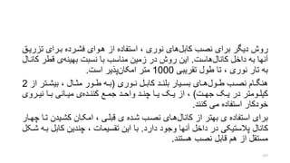 ‫کابل‬ ‫نصب‬ ‫برای‬ ‫دیگر‬ ‫روش‬‫تز‬ ‫بررای‬ ‫فشررده‬ ‫هروای‬ ‫از‬ ‫استفاده‬ ، ‫نوری‬ ‫های‬‫ریرق‬
‫کانال‬ ‫داخل‬ ‫به‬ ‫آنها‬‫هاست‬.‫بهینه‬ ‫نسبت‬ ‫با‬ ‫مناسب‬ ‫زمین‬ ‫در‬ ‫روش‬ ‫این‬‫قطر‬ ‫ی‬‫کانرال‬
‫تقریبی‬ ‫طول‬ ‫تا‬ ، ‫نوری‬ ‫تار‬ ‫به‬1000‫امکان‬ ‫متر‬‫است‬ ‫پذیر‬.
‫رول‬‫ر‬‫ط‬ ‫رب‬‫ر‬‫نص‬ ‫رام‬‫ر‬‫هنگ‬‫روری‬‫ر‬‫ن‬ ‫رل‬‫ر‬‫کاب‬ ‫رد‬‫ر‬‫بلن‬ ‫ریار‬‫ر‬‫بس‬ ‫رای‬‫ر‬‫ه‬(‫از‬ ‫رتر‬‫ر‬‫بیش‬ ، ‫رال‬‫ر‬‫مت‬ ‫رور‬‫ر‬‫ط‬ ‫ره‬‫ر‬‫ب‬2
‫رت‬‫ر‬‫جه‬ ‫رو‬‫ر‬‫ی‬ ‫در‬ ‫رومتر‬‫ر‬‫کیل‬)‫رده‬‫ر‬‫کنن‬ ‫رع‬‫ر‬‫جم‬ ‫رد‬‫ر‬‫واح‬ ‫رد‬‫ر‬‫چن‬ ‫را‬‫ر‬‫ی‬ ‫رو‬‫ر‬‫ی‬ ‫از‬ ،‫رروی‬‫ر‬‫نی‬ ‫را‬‫ر‬‫ب‬ ‫رانی‬‫ر‬‫می‬ ‫ی‬
‫کنند‬ ‫می‬ ‫استفاده‬ ‫خودکار‬.
‫کانال‬ ‫از‬ ‫بهتر‬ ‫ی‬ ‫استفاده‬ ‫برای‬‫تر‬ ‫کشریدن‬ ‫امکران‬ ، ‫قبلری‬ ‫ی‬ ‫شرده‬ ‫نصرب‬ ‫هرای‬‫چهرار‬ ‫ا‬
‫دارد‬ ‫وجود‬ ‫آنها‬ ‫داخل‬ ‫در‬ ‫پالستیکی‬ ‫کانال‬.‫کاب‬ ‫چندین‬ ، ‫تقسیمات‬ ‫این‬ ‫با‬‫شرکل‬ ‫بره‬ ‫ل‬
‫هستند‬ ‫نصب‬ ‫قابل‬ ‫هم‬ ‫از‬ ‫مستقل‬.
137
 