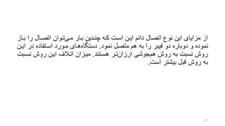 ‫مری‬ ‫برار‬ ‫چنردین‬ ‫کره‬ ‫اسرت‬ ‫ایرن‬ ‫دائم‬ ‫اتصال‬ ‫نوع‬ ‫این‬ ‫مزایای‬ ‫از‬‫بر‬ ‫را‬ ‫اتصرال‬ ‫تروان‬‫از‬
‫نمود‬ ‫متصل‬ ‫هم‬ ‫به‬ ‫را‬ ‫فیبر‬ ‫دو‬ ‫دوباره‬ ‫و‬ ‫نموده‬.‫دستگاه‬‫در‬ ‫اسرتفاده‬ ‫مرورد‬ ‫هرای‬‫ایرن‬
‫هم‬ ‫روش‬ ‫به‬ ‫نسبت‬ ‫روش‬‫ارزان‬ ‫جوشی‬‫هسرتند‬ ‫ترر‬.‫نسرب‬ ‫روش‬ ‫ایرن‬ ‫اترالف‬ ‫میرزان‬‫ت‬
‫است‬ ‫بیشتر‬ ‫قبل‬ ‫روش‬ ‫به‬.
147
 