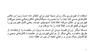‫زیرر‬ ‫اسرت‬ ‫داده‬ ‫انتقرال‬ ‫براي‬ ‫ایمن‬ ‫نسبتا‬ ‫روش‬ ‫یو‬ ‫فیبرنوري‬ ‫از‬ ‫استفاده‬‫بررعکس‬ ‫ا‬
‫ک‬‫مل‬ ‫رل‬‫ر‬‫حم‬ ‫رل‬‫ر‬‫الکترونیک‬ ‫هاي‬‫ریگنال‬‫ر‬‫س‬ ‫رورت‬‫ر‬‫ص‬ ‫ره‬‫ر‬‫ب‬ ‫را‬ ‫را‬‫ر‬‫دیت‬ ‫ره‬‫ر‬‫ک‬ ‫رل‬‫ر‬‫مس‬ ‫راي‬‫ر‬‫ه‬‫کابل‬‫رد‬‫ر‬‫نن‬
‫نیسرت‬ ‫پذیر‬‫آسریب‬ ‫اطالعات‬ ‫سرقت‬ ‫مقابل‬ ‫در‬ ‫فیبرنوري‬.‫ف‬ ‫کابرل‬ ‫یعنرل‬‫را‬ ‫یبرنروري‬
‫برد‬ ‫سرقت‬ ‫به‬ ‫را‬ ‫اطالعات‬ ‫و‬ ‫کرده‬ ‫قطع‬ ‫توان‬‫نمل‬.
‫ا‬ ‫رات‬‫ر‬‫ارتباط‬ ‫را‬‫ر‬‫ب‬ ‫ره‬‫ر‬‫مقایس‬ ‫در‬ ‫رژه‬‫ر‬‫وی‬ ‫ره‬‫ر‬‫ب‬ ‫رت‬‫ر‬‫اس‬ ‫آن‬ ‫رودن‬‫ر‬‫ب‬ ‫رت‬‫ر‬‫قیم‬ ‫ارزان‬ ‫رر‬‫ر‬‫دیگ‬ ‫رئله‬‫ر‬‫مس‬‫ز‬
‫ماهواره‬ ‫طریق‬.‫سر‬ ‫هراي‬‫کابل‬ ‫با‬ ‫مقایسه‬ ‫در‬ ‫فیبرنوري‬ ‫مزایاي‬ ‫از‬ ‫دیگر‬ ‫یکل‬‫و‬ ‫یمل‬
‫است‬ ‫نقطه‬ ‫دو‬ ‫بین‬ ‫آن‬ ‫تعبیه‬ ‫راحتل‬ ‫و‬ ‫بودن‬ ‫سبو‬ ‫کواکسیان‬.
149
 
