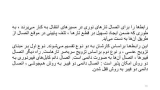 ‫رابط‬‫مری‬ ‫کرار‬ ‫بره‬ ‫انتقرال‬ ‫مسیرهای‬ ‫در‬ ‫نوری‬ ‫تارهای‬ ‫اتصال‬ ‫برای‬ ‫را‬ ‫ها‬، ‫برنرد‬‫بره‬
‫اتصرا‬ ‫موقرع‬ ‫در‬ ‫پرایینی‬ ‫تلرف‬ ، ‫تارهرا‬ ‫قطرع‬ ‫در‬ ‫تسرهیل‬ ‫ایجراد‬ ‫ضرمن‬ ‫که‬ ‫طوری‬‫از‬ ‫ل‬
‫آن‬ ‫طریق‬‫می‬ ‫دست‬ ‫به‬ ‫ها‬‫آید‬.
‫رط‬‫ر‬‫راب‬ ‫رن‬‫ر‬‫ای‬‫ری‬‫ر‬‫م‬ ‫ریم‬‫ر‬‫تقس‬ ‫روع‬‫ر‬‫ن‬ ‫دو‬ ‫ره‬‫ر‬‫ب‬ ‫ران‬‫ر‬‫کارش‬ ‫راس‬‫ر‬‫براس‬ ‫را‬‫ر‬‫ه‬‫روند‬‫ر‬‫ش‬.‫ر‬‫ر‬‫مبن‬ ‫رر‬‫ر‬‫ب‬ ‫اول‬ ‫روع‬‫ر‬‫ن‬‫ای‬
‫سربه‬ ‫تزویج‬ ‫براساس‬ ‫دوم‬ ‫نوع‬ ‫و‬ ، ‫عدسی‬ ‫تزویج‬‫تارهاست‬ ‫سر‬.‫ا‬ ‫دیگر‬ ‫راه‬‫تصرال‬
‫آن‬ ‫اتصال‬ ، ‫فیبرها‬‫است‬ ‫دائمی‬ ‫صورت‬ ‫به‬ ‫ها‬.‫کابل‬ ‫دائم‬ ‫اتصال‬‫فیبر‬ ‫های‬‫بره‬ ‫نروری‬
‫است‬ ‫پذیر‬ ‫امکان‬ ‫روش‬ ‫دو‬:‫هرم‬ ‫روش‬ ‫بره‬ ‫فیبرر‬ ‫دو‬ ‫دائمی‬ ‫اتصال‬‫اتصر‬ ، ‫جوشری‬‫ال‬
‫شدن‬ ‫قفل‬ ‫روش‬ ‫به‬ ‫فیبر‬ ‫دو‬ ‫دائمی‬.
161
 
